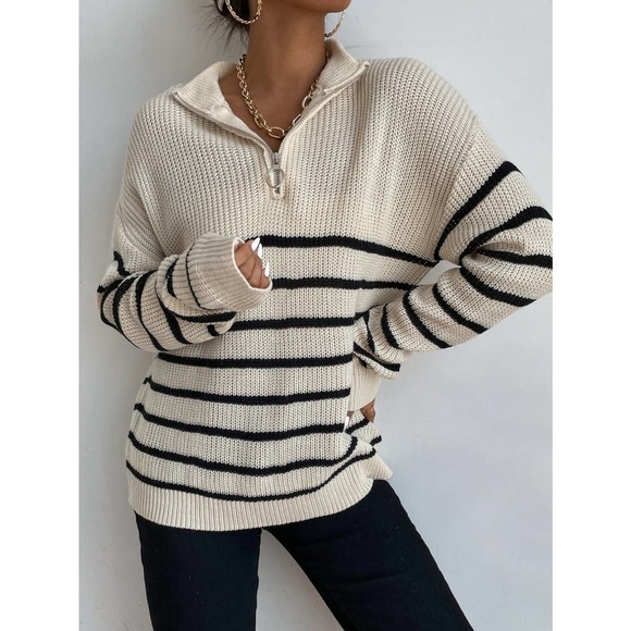 Striped half Zipper Front ribbed knit Sweater tan black preppy - Picture 5 of 6